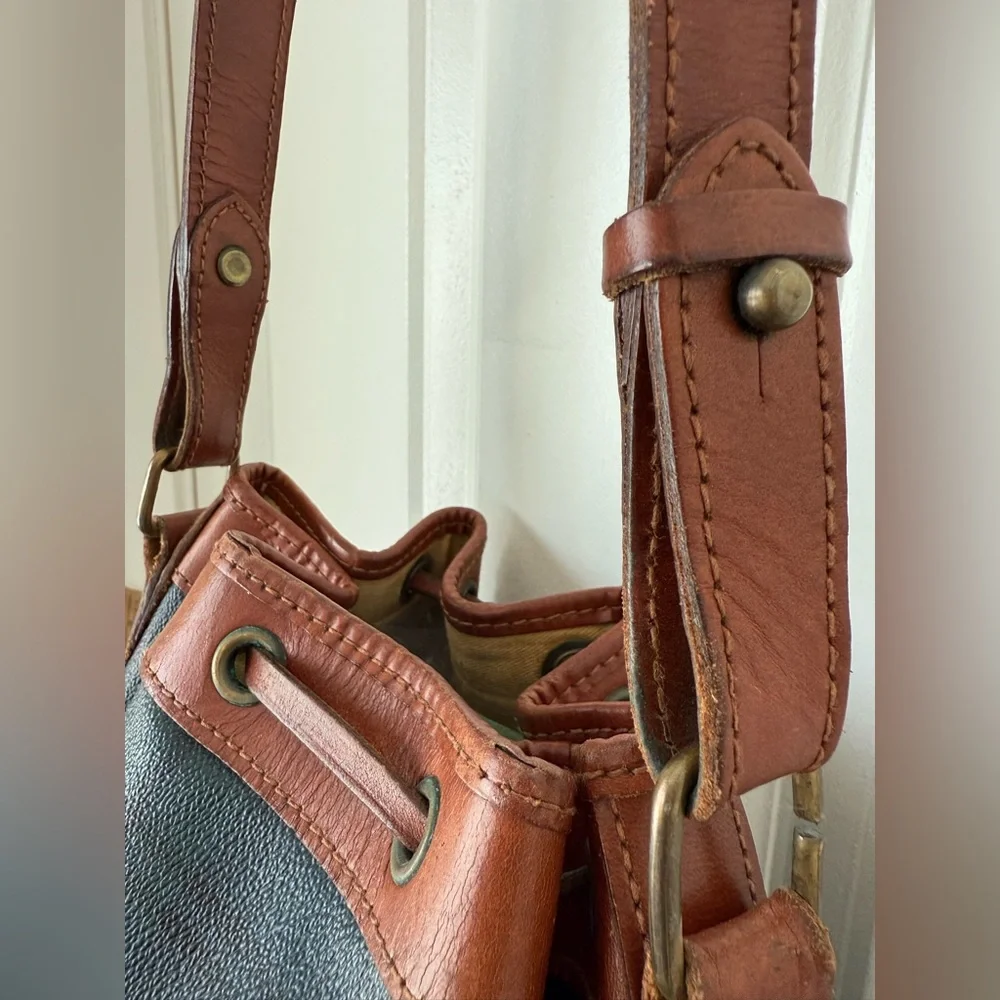 Vintage Polo RALPH LAUREN Green Tartan Plaid Leather Drawstring Bucket Bag 90s - Picture 9 of 16